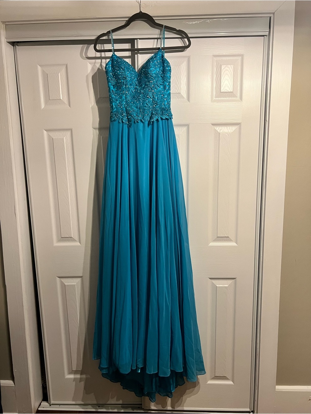 Teal Beaded Spaghetti-Strap Prom Dress